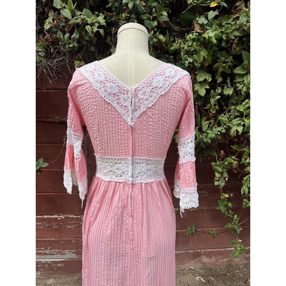 Vintage 60s Pink Lace Bell Sleeve Mexican Pintuck Wedding Bridal Maxi Dress - Picture 7 of 8